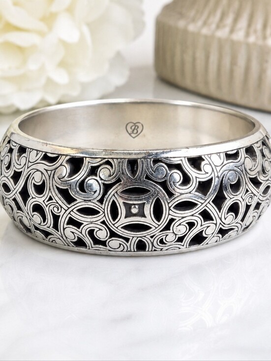 Brighton Jewelry - Brighton Wide Silver Tone Openwork Filigree Bangle Bracelet Signed